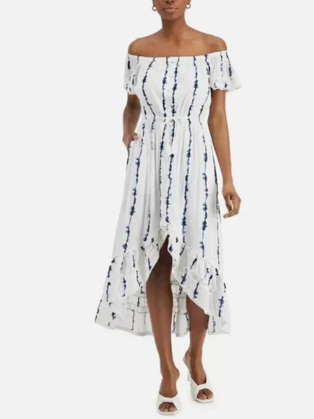INC Midi Dress White Boho Gauze Eyelet Crochet Beach Peasant Hi-Lo Sz M